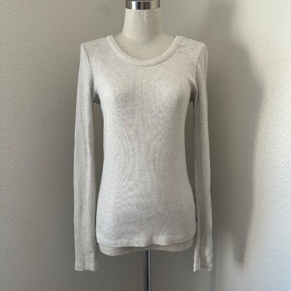Agolde Rib Knit Top Maya Scoop Neckline Long Sleeve Minimalist Grey Sz L - Picture 2 of 14